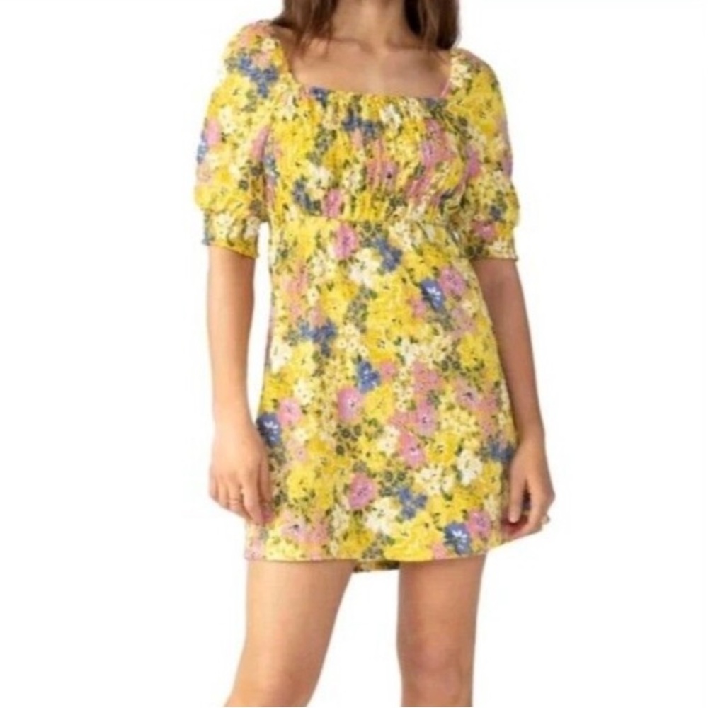 Sanctuary Yellow smocked Floral Mini Dress with Pink & Blue size Large NWT